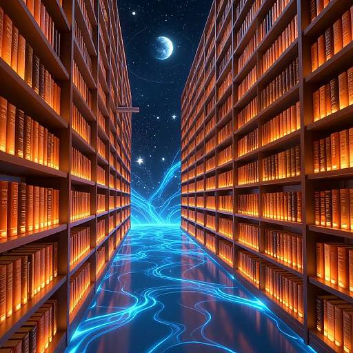 Digital artwork of a narrow library aisle with glowing blue neon lines, illuminated bookshelves, and a crescent moon in a starry night sky overhead