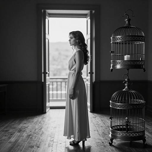 Elegant Woman in Profile with Birdcage