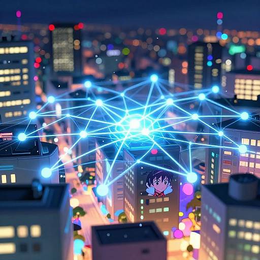 Digital art of a cityscape at night with glowing blue star-like lights, a small anime character with dark hair, and colorful bokeh in the background