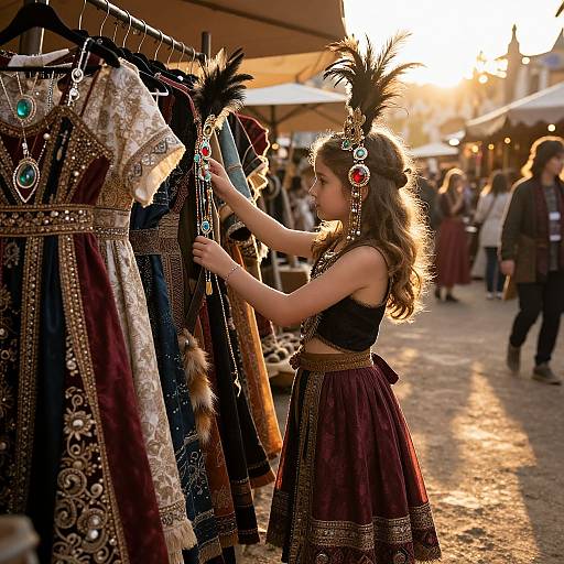 Photograph of a young woman with long brown hair, wearing a black top and maroon skirt with gold trim, examining ornate medieval-style dresses adorned