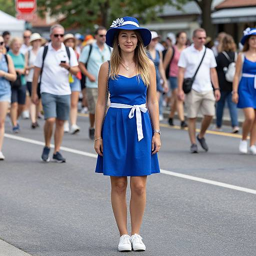 Photograph of a young woman in a blue dress, white belt, and white shoes, wearing a blue hat, standing on a busy street with a