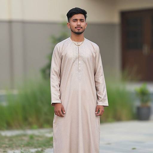 Photograph of a young man with a trimmed beard, black hair, wearing a light beige traditional long shirt, standing outdoors against a blurred background of green