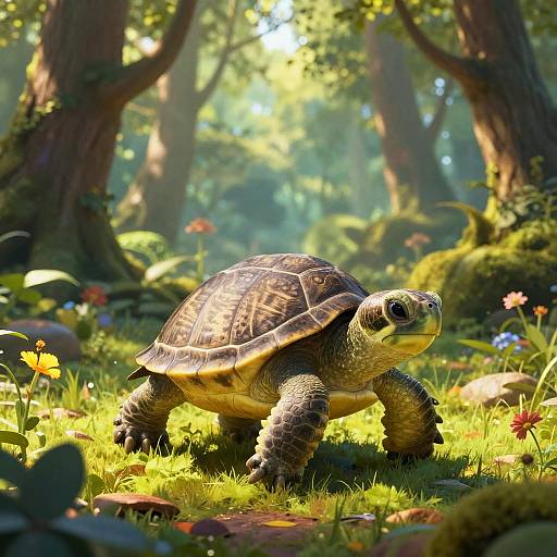 Photorealistic CGI of a detailed tortoise with a textured shell, walking through a sunlit, vibrant forest clearing with colorful flowers and tall trees.