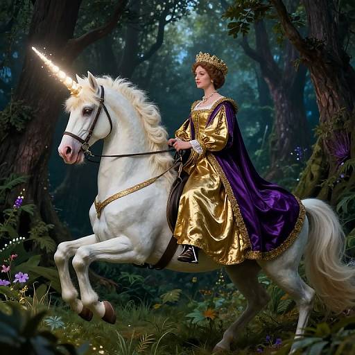 Digital fantasy artwork of a fair-skinned woman with a golden crown, wearing a gold and purple dress, riding a glowing white unicorn through a dark,