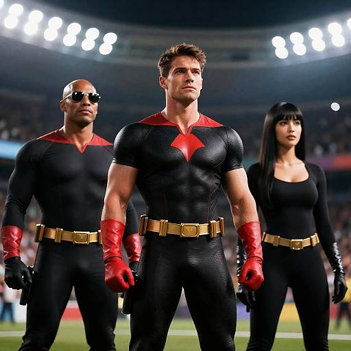 Dynamic Superheroes in Stadium Spotlight