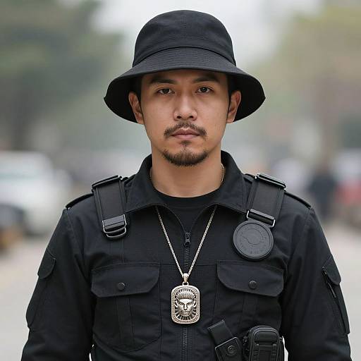 Photograph of a young, mustached male police officer with medium brown skin, wearing a black hat, uniform, badge, and pendant, standing outdoors