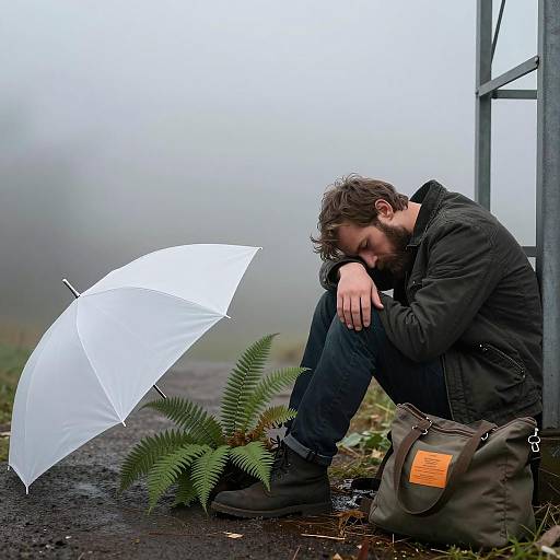 Misty Outdoor Scene with a Contemplative Man