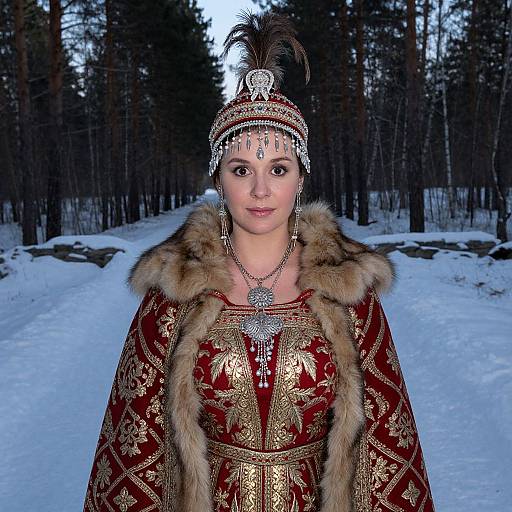 Photograph of a fair-skinned woman with dark hair in a red, gold-embroidered, fur-trimmed medieval dress, adorned with