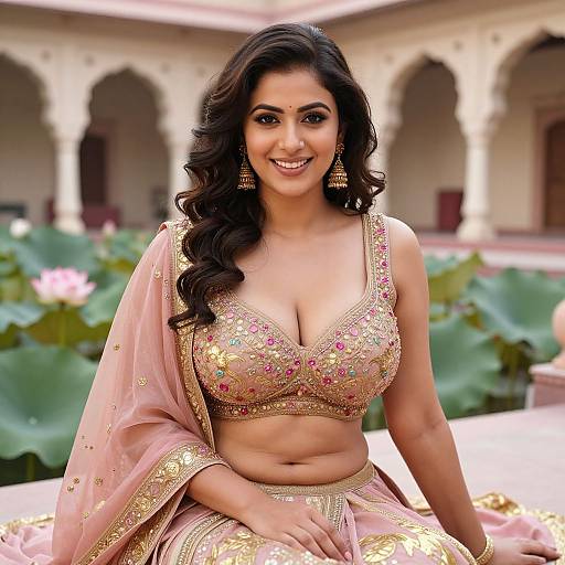 Photograph of a smiling Indian woman with dark wavy hair, wearing a pink and gold embroidered traditional outfit, sitting in an ornate courtyard with lot