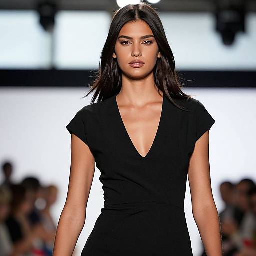 Photograph of a confident, dark-haired woman with straight hair, wearing a black V-neck dress, walking on a brightly lit fashion runway.