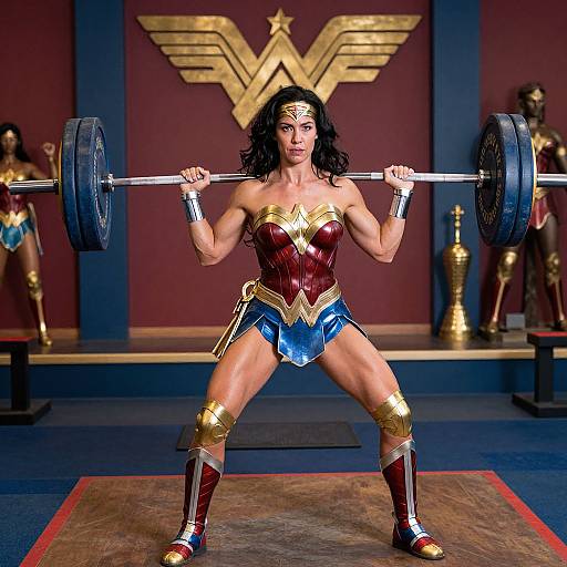 Photorealistic CGI of muscular Wonder Woman lifting a heavy barbell in a gym, wearing iconic red, gold, and blue costume, with a large