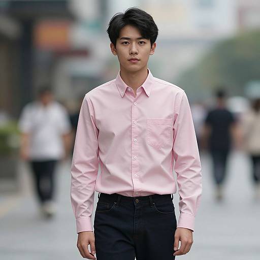 Photograph of an Asian man with black hair, wearing a pink long-sleeve shirt and black pants, standing on a blurred urban street. Bl