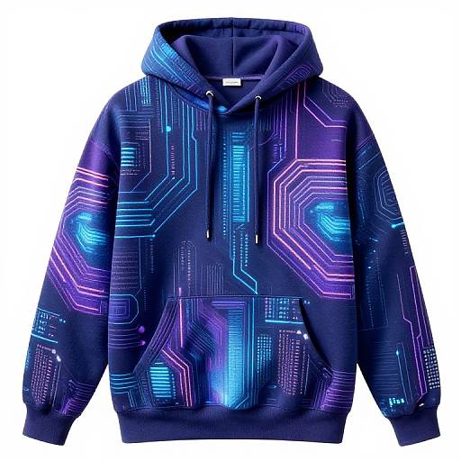 Vibrant purple and blue neon circuit-patterned hoodie with a drawstring hood, front pocket, and long sleeves, displayed against a white background.