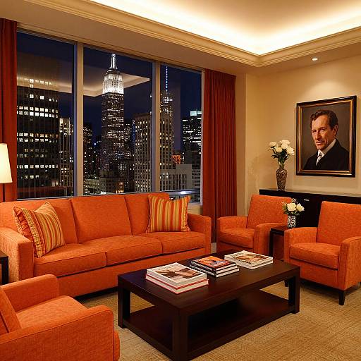 Photograph of a modern, warmly-lit living room with orange sofas, a dark wood coffee table, cityscape view, portrait on wall, and