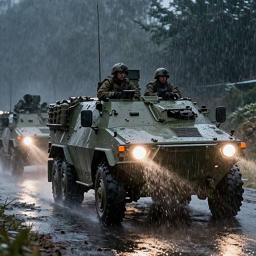 Photograph of two soldiers in camouflage gear driving a green armored vehicle through a rainy, forested road, headlights on, splashing water.