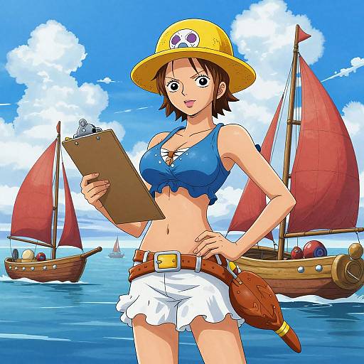 Anime-style drawing of a cute, brown-haired woman in a blue crop top, white shorts, yellow hat, holding a clipboard by sailboats.