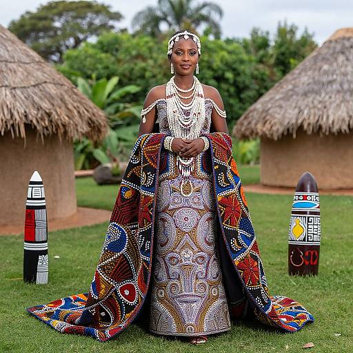 Photograph of an African woman in ornate, beaded traditional dress and colorful patterned shawl, standing in front of thatched huts,