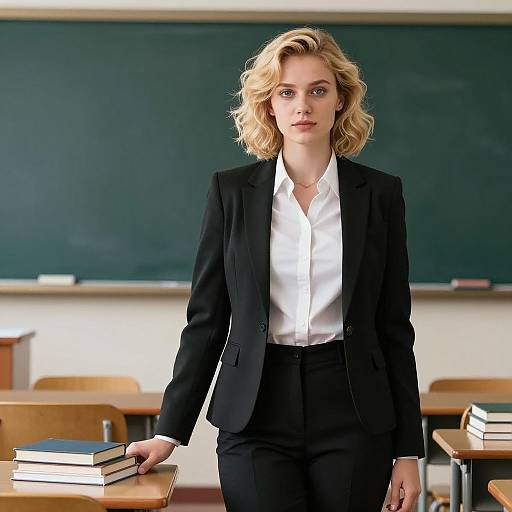 Photograph of a blonde, fair-skinned woman in a black blazer and white shirt, standing in a classroom with a chalkboard background, holding