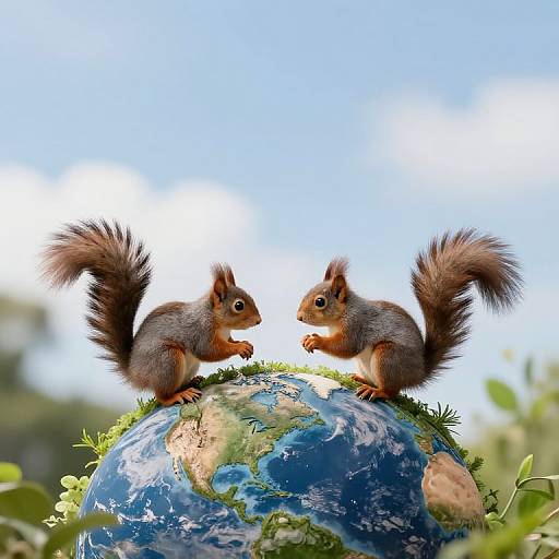 Photograph of two fluffy gray squirrels facing each other, standing on a small, grass-covered Earth globe against a bright blue sky.