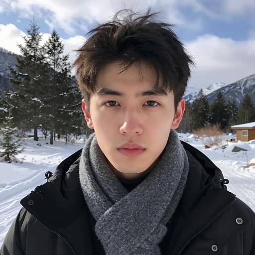 Winter Portrait of Young Man in Snowy Landscape