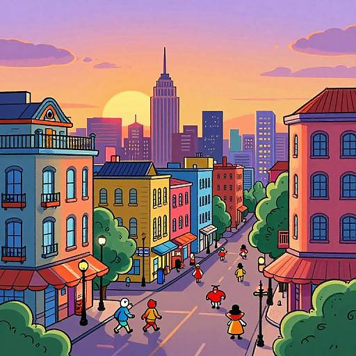 Colorful cartoon illustration of a sunset urban street with vibrant buildings, people in bright clothes, and a city skyline backdrop.