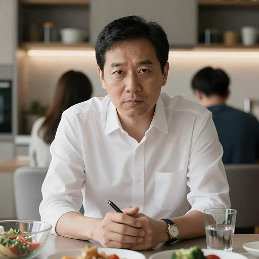 Middle-aged Man in White Shirt Sitting at Kitchen Table