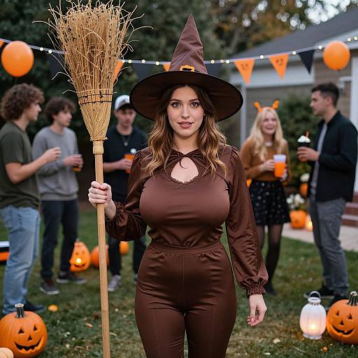 Photograph of a woman in a brown witch outfit and hat, holding a broom, at an outdoor Halloween party with jack-o'-lanterns