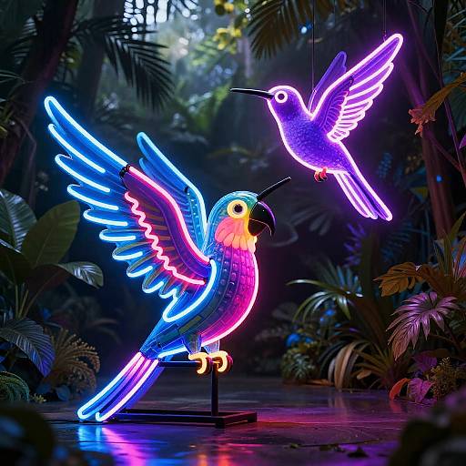 Vibrant neon hummingbird and bluebird LED lights, illuminated against lush tropical foliage, with glowing wings and colorful plumage, creating a vivid,