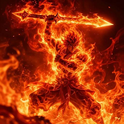 Digital art of a fiery, muscular, anime-style warrior with spiky hair, wielding a glowing sword, engulfed in intense orange flames. Dynamic,