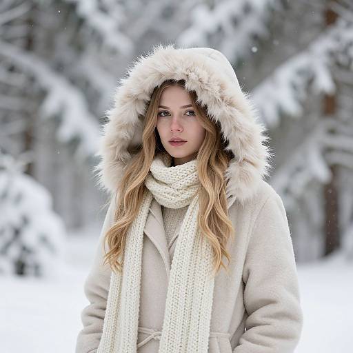 Photograph of a blonde woman with wavy hair, wearing a white fur-hooded coat and cream scarf, standing in a snowy forest.