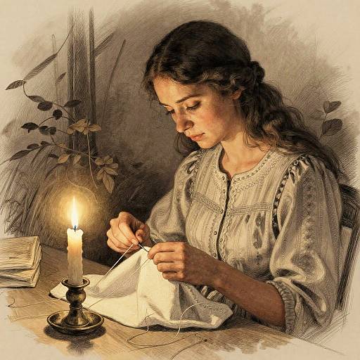 Mother Sewing by Candlelight Sketch