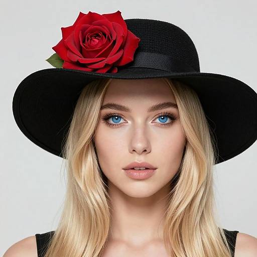 Photograph of a blonde woman with blue eyes, wearing a black hat adorned with a red rose, against a plain white background.