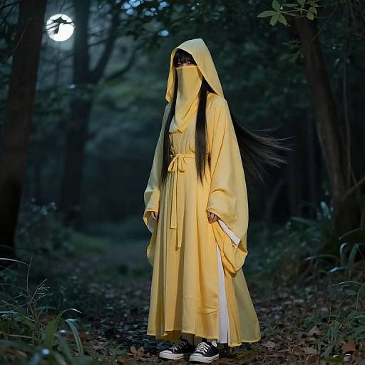 Mysterious Hooded Figure in Moonlit Forest