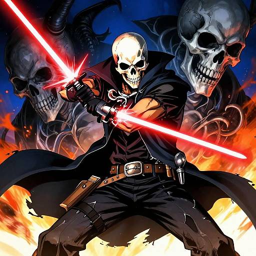 Digital artwork of a skull-headed warrior wielding glowing red lightsaber, flanked by two menacing skulls, amidst fiery background and dark shadows.