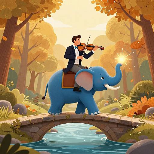 Digital illustration of a man in a black suit playing violin on a blue elephant crossing a stone bridge over a stream in an autumn forest.