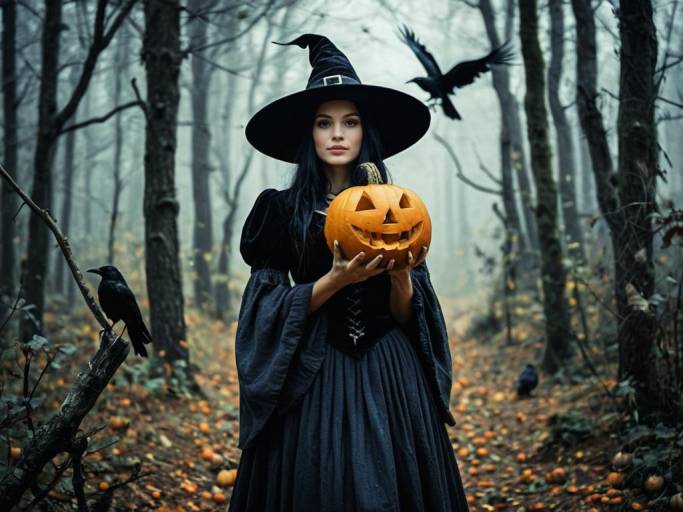 Witch Holding Jack-o'-Lantern in Forest