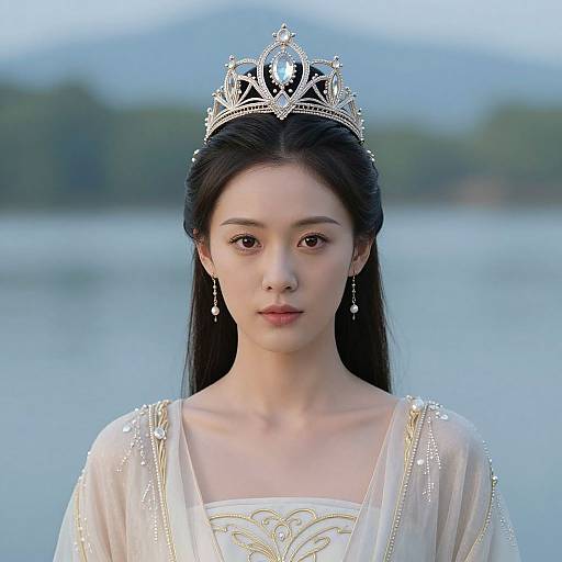 Photograph of an East Asian woman with long black hair, wearing a silver tiara, white dress with gold embroidery, and pearl earrings, standing in