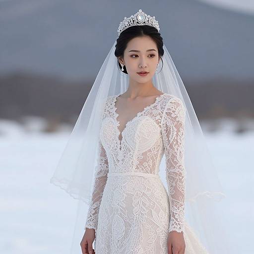 Photograph of an Asian bride with fair skin, wearing a white lace wedding dress, tiara, and veil, standing outdoors against a blurred mountain background
