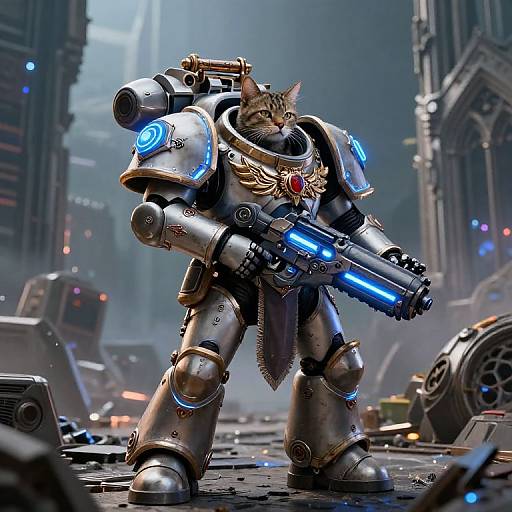 Digital art: Cybernetic cat warrior in futuristic armor with glowing blue accents, wielding a blue laser gun, standing in a damaged sci-fi cityscape