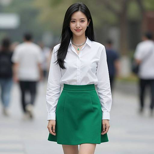 Realistic Girl in Green Skirt Outfit
