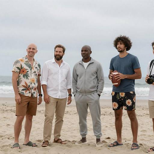 Five Men on a Cloudy Beach