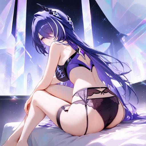 Anime Girl in Purple Lingerie Sitting on Bed