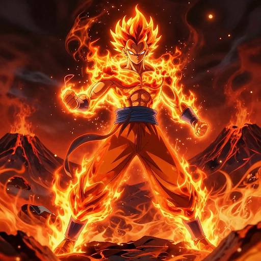 Digital artwork of Super Saiyan Goku standing in fiery lava, surrounded by blazing flames, with volcanic mountains in the background.