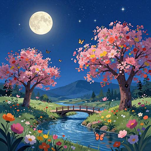 Digital art of a moonlit night scene with pink cherry blossoms, a wooden bridge over a flowing stream, colorful flowers, and butterflies, set against