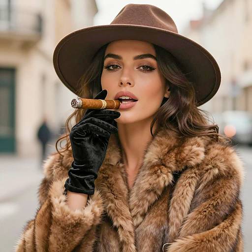 Woman in Brown Fur Coat Smoking Cigar