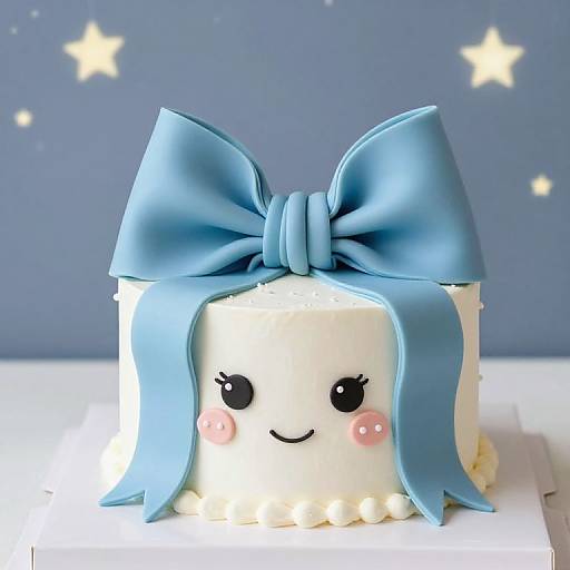Photograph of a white cake with a blue bow, smiling face, pink cheeks, and glowing stars on a blue background.