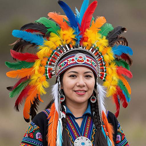 Photograph of a young Asian woman with fair skin, wearing a vibrant Native American-style headdress with colorful feathers, intricate beadwork, and traditional embroidered