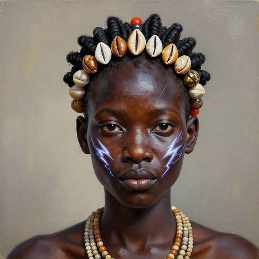 Photograph of a dark-skinned woman with black braided hair adorned with seashells, wearing a beaded necklace, and blue lightning paint on