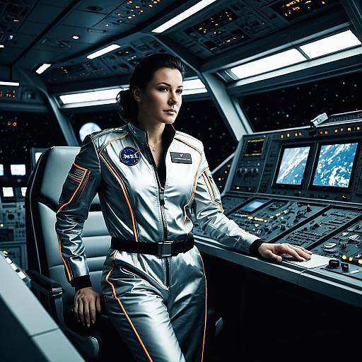 Female Astronaut Pilot on Starship Command Bridge