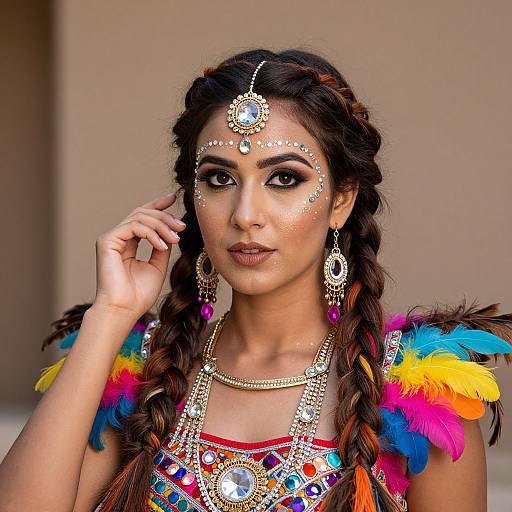 Photograph of a South Asian woman with braided hair, adorned in colorful feather shoulders, intricate jewelry, and facial decorations, set against a plain beige
